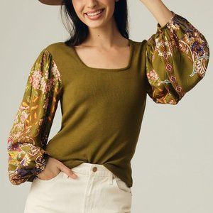 Anthropologie Bl-nk Printed-Sleeve Sweater Top Green Motif - Medium
